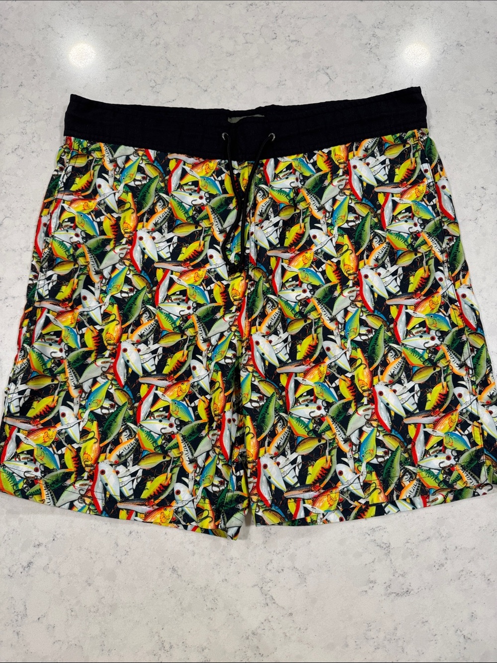 Bass Pro Shops Sz Med Multi-Color Fish Lure Print Swim Trunks Fishing Tie Waist